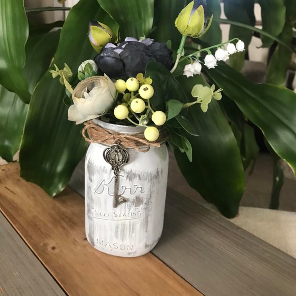 Handmade Black and Gray Floral Arrangement in Metallic Silver and White Kerr Jar - Picture 5 of 7